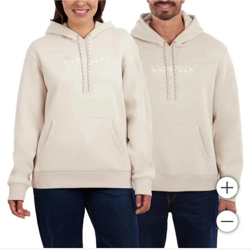 Kirkland Signature Costco Wholesale Logo Hoodie Cream Ivory Mens Small Pullover